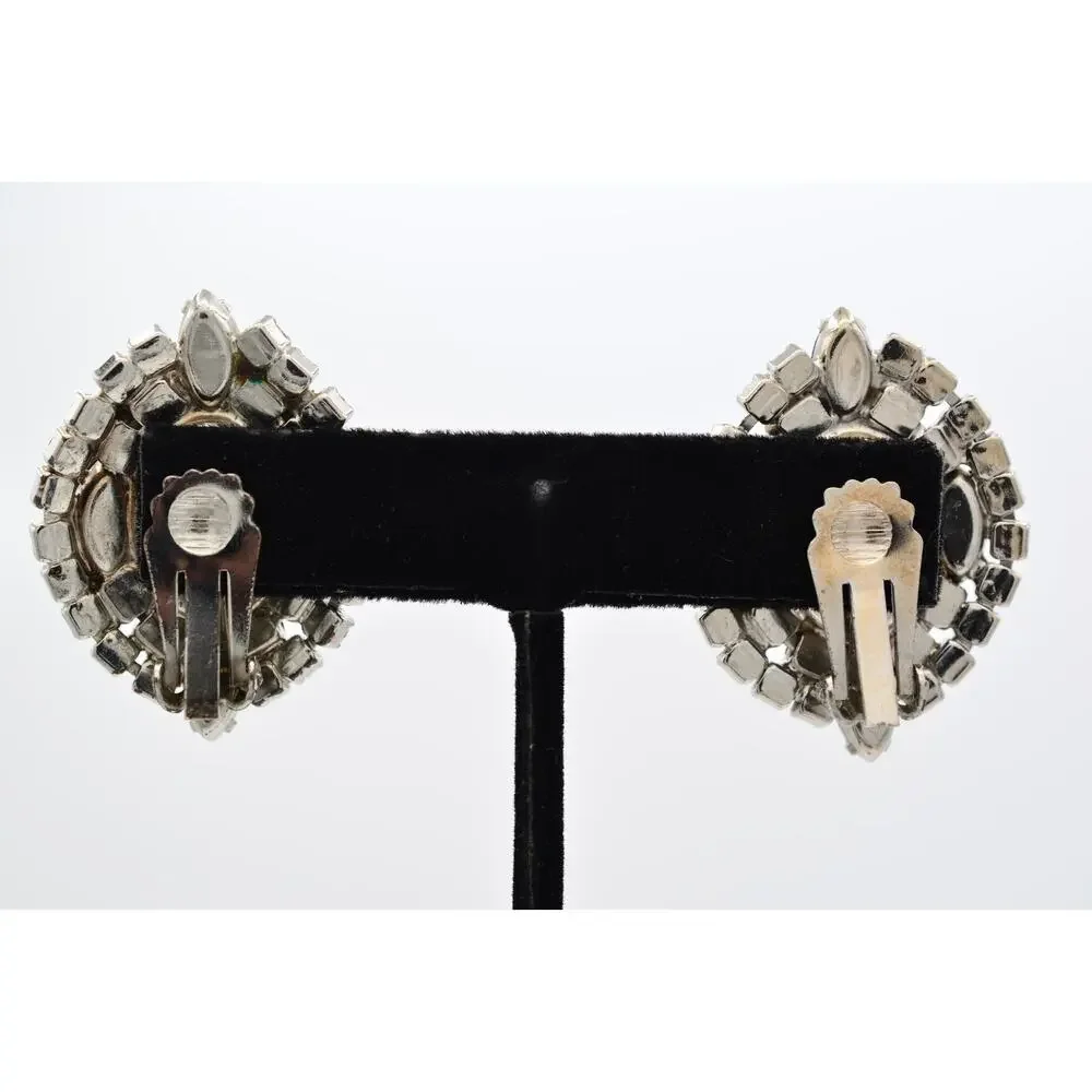 Vintage Black Clear Rhinestone Crystal Cluster Statement Clip On Earrings BinAF